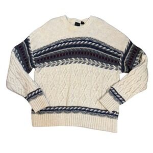 Vintage Structure 100% Wool Fair Isle Nordic Cable Knit Sweater Men XL Cream 90s